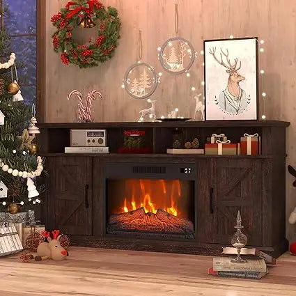 Fireplace TV Stand for TVs Up to 65" with 23" Electric Fireplace, Entertainment Center with Storage Cabinet and Open Shelves, Me