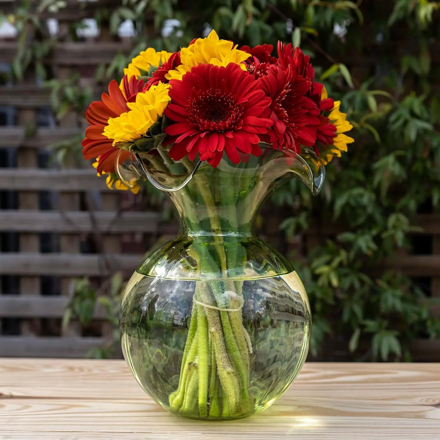 Hibiscus Glass Green Medium Fluted Vase 9" D, 10" H, 96 oz Glass Flower Vase, Living RoomDecor