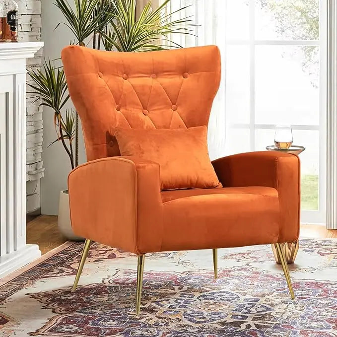 Velvet Accent Arm Chair Mid Century Modern Living Room Chair Wingback Bedroom Side Chair with Gold Legs and Pillow Button Tufted Design