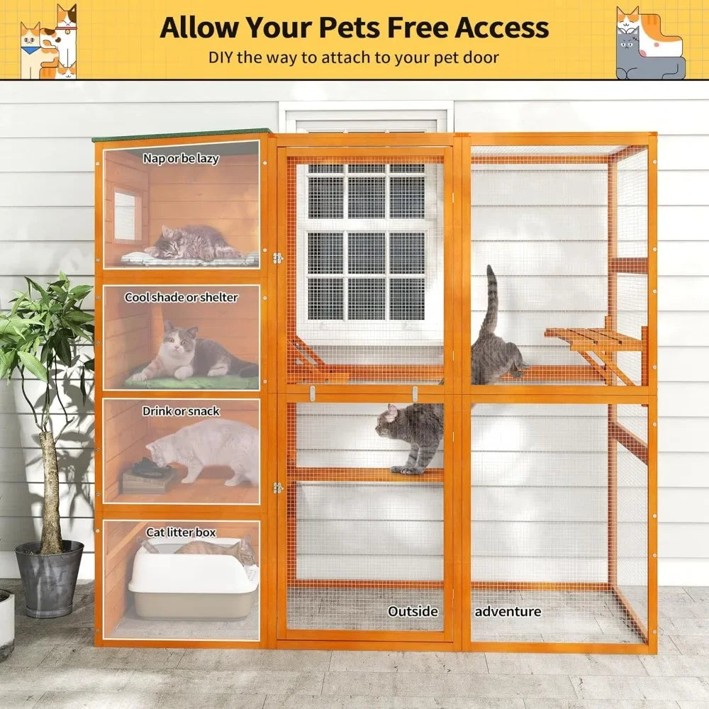 Large Wood Cat Catio, Outdoor Enclosure with Weatherproof Roof, 2 Resting Rooms, 2 Platforms, 4-Tier Cat Playpen,