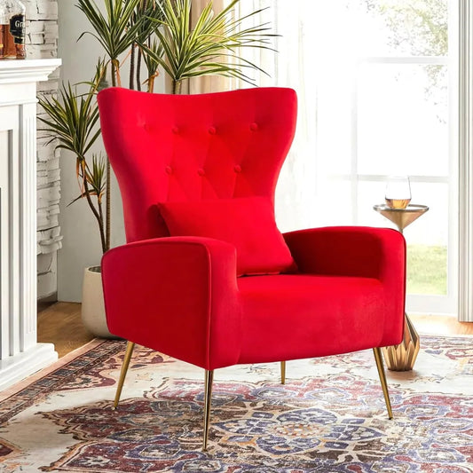 Velvet Accent Arm Chair Mid Century Modern Living Room Chair Wingback Bedroom Side Chair with Gold Legs and Pillow Button Tufted Design