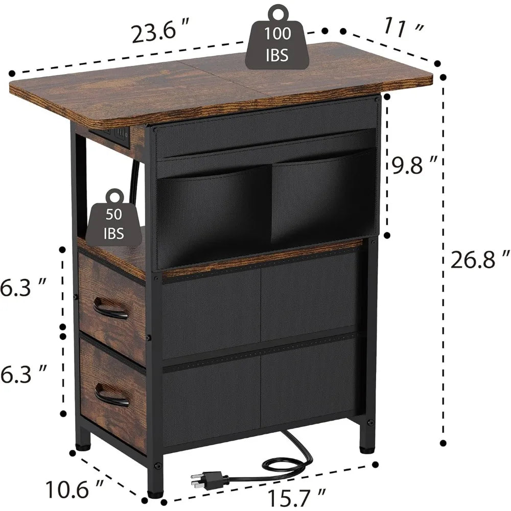 Small Side Table with Charging Station, Narrow Nightstand Bedside Tables with Storage Pocket for Living Room Bedroom, Sofa End T