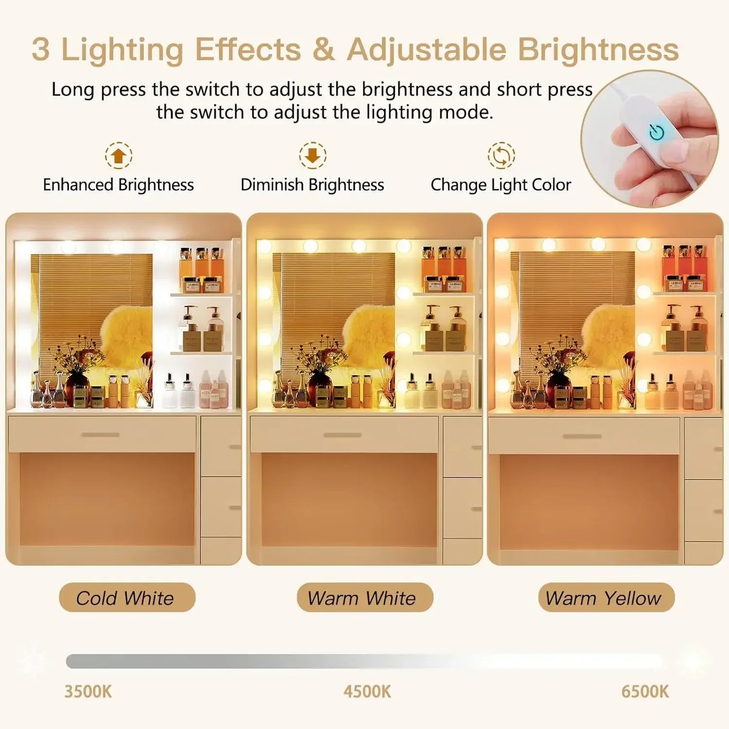 Makeup Vanity With Lights Large Vanity Desk With Mirror And 10 LED Lights Vanity Table Set With 4 Drawers Cabinet And 4 Necklace Hooks Dressing Table For Bedroom White