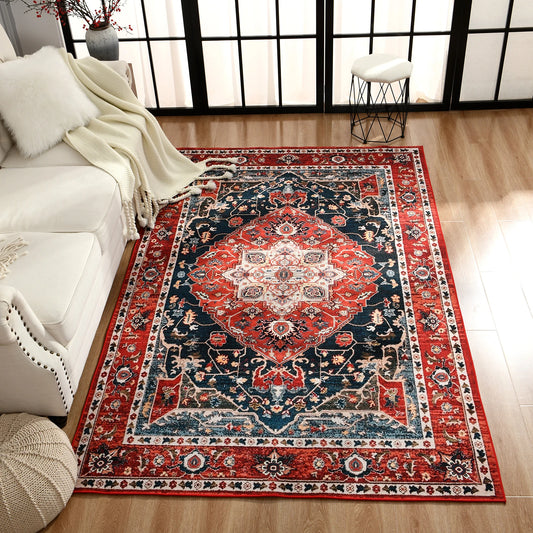 Boho Vintage Washable Bedroom Rug, Soft Accent Rugs for Living Room Dining Room, Non-Slip Non-Shedding Low-Pile Entryway Rug
