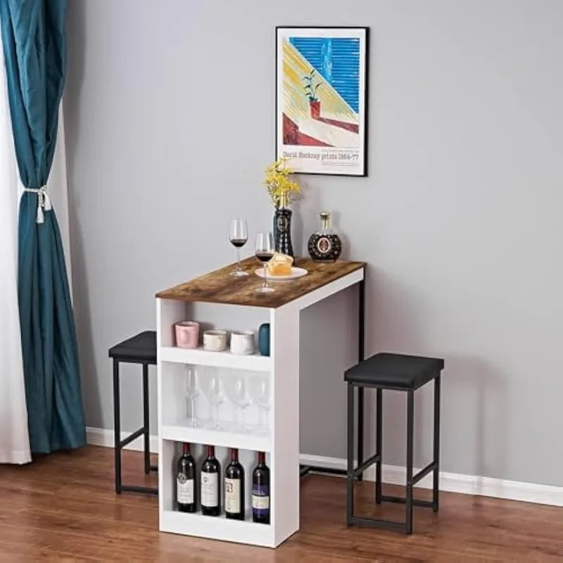 3 Piece Dining Table Set Kitchen Bar Table with Two Stools and Storage Shelves Wood Counter Height Table Top with Sew Kerf Finish