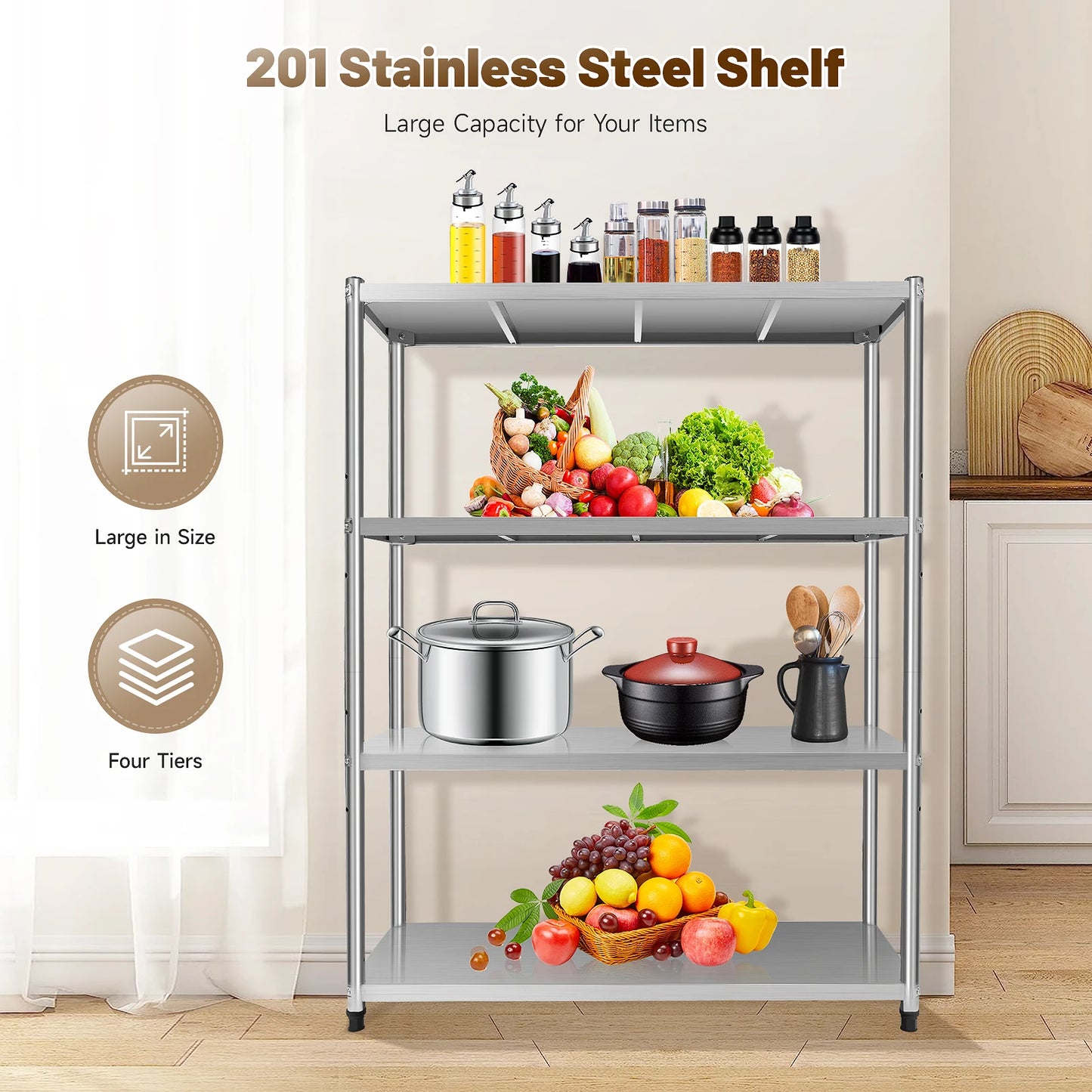 3-Tier /4-Tier 201 Stainless Steel Shelf Height Adjustable Storage Rack for Various Kitchen Utensils/Supplies/ Food