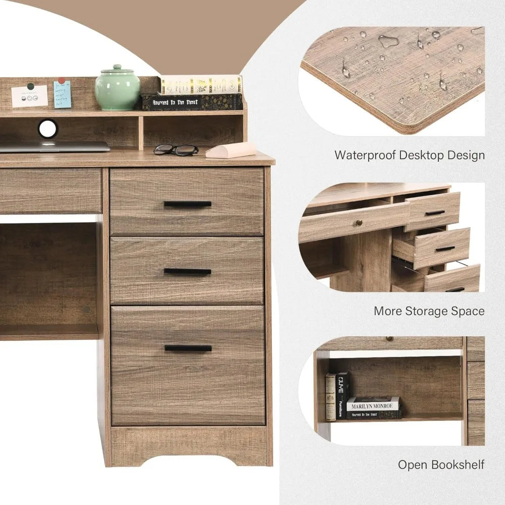 Catrimown Computer Desk with Drawers and Hutch, Wood Executive Desks for Home Office Bedrooms Desk Student Teen Writing Table