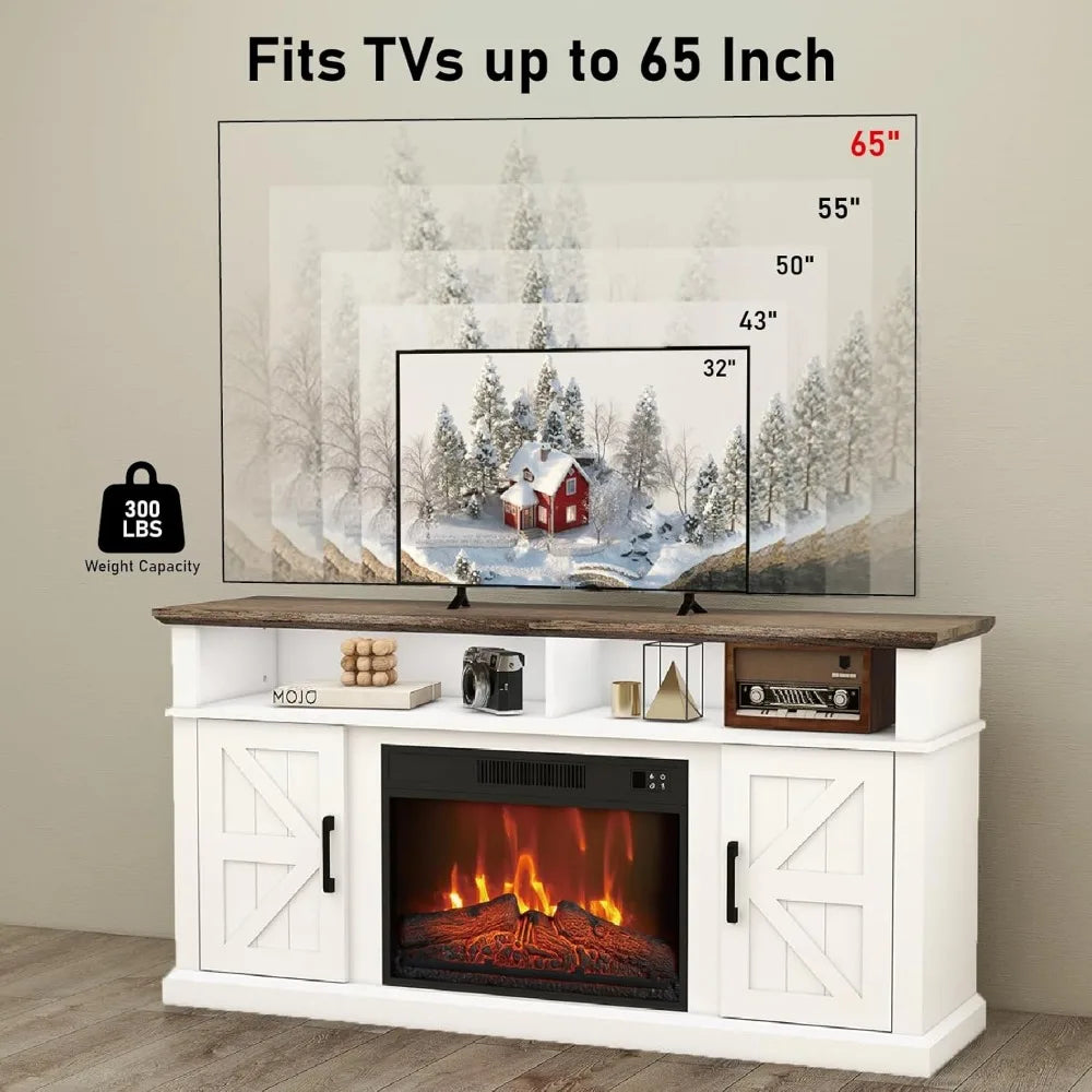 Fireplace TV Stand for TVs Up to 65" with 23" Electric Fireplace, Entertainment Center with Storage Cabinet and Open Shelves, Me