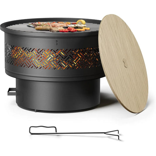 26 inch Fire Pit with Grill & Lid, Firepits for Outside Wood Burning Fire Pit Table with Fire Poker, Multifunctional Outdoor Fir