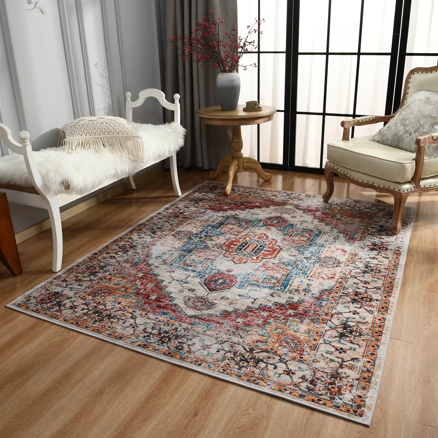 Boho Vintage Washable Bedroom Rug, Soft Accent Rugs for Living Room Dining Room, Non-Slip Non-Shedding Low-Pile Entryway Rug