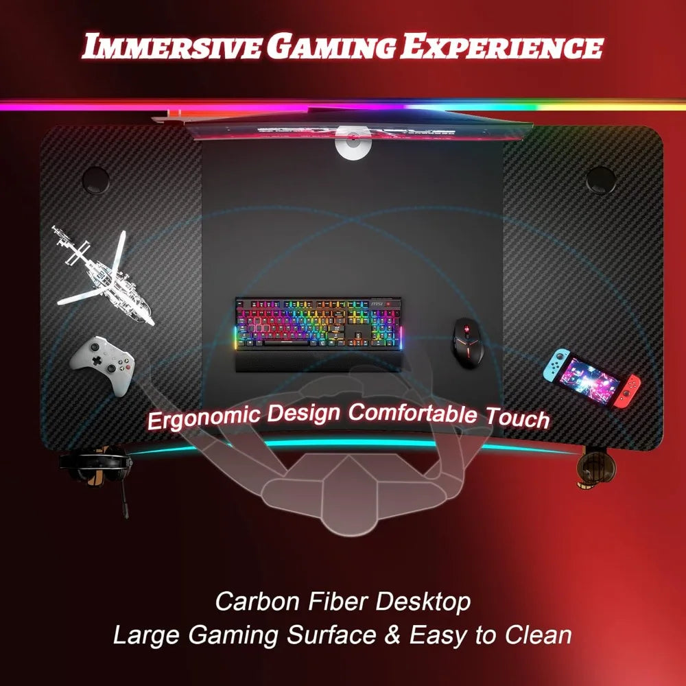 Gaming Desk with Carbon Fibre Surface Large Computer Desk Gaming Table Ergonomic PcWorkstation Home Office Desks with CupHolder