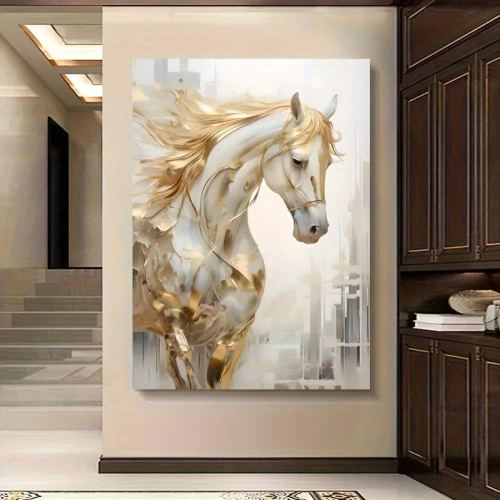 Frameless Modern Retro Golden Horse Wall Art Painting 31.49 x 47.24 Inches