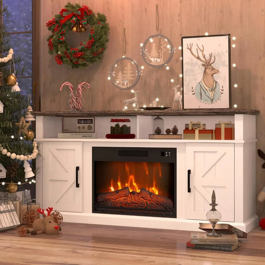 Fireplace TV Stand for TVs Up to 65" with 23" Electric Fireplace, Entertainment Center with Storage Cabinet and Open Shelves, Me
