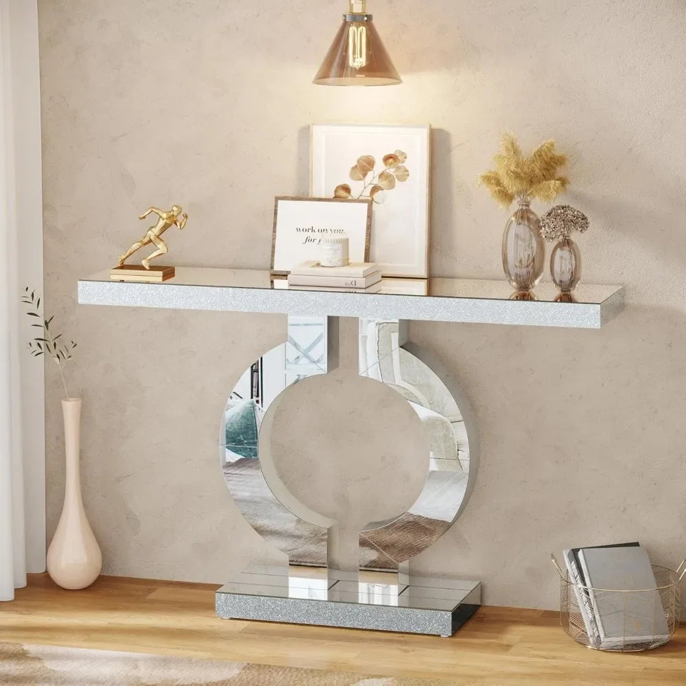 Modern Mirrored Console Table, Glass Sofa Table with Mirror Finish, 43-Inch Entryway Table with O-Shaped Base, Rectan