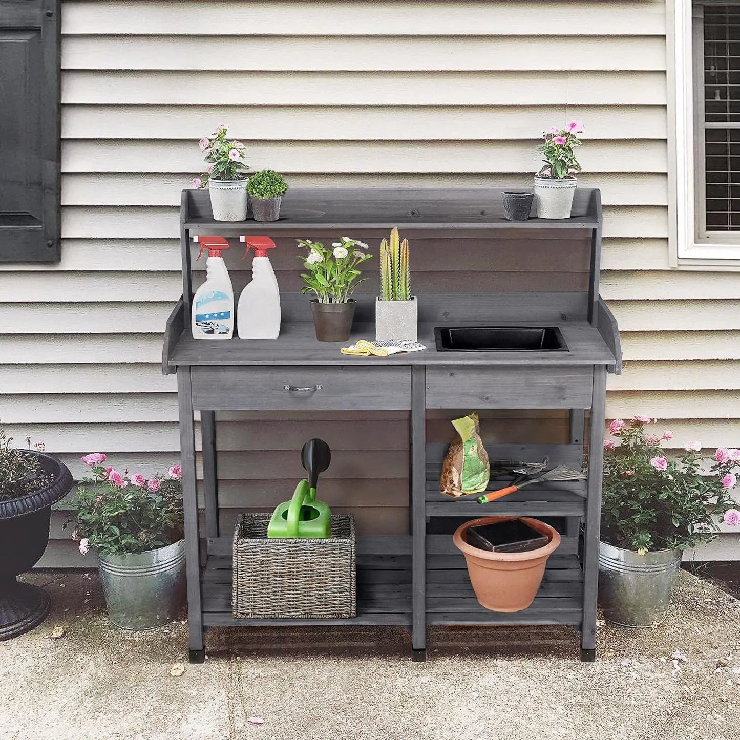 Outdoor Potting Bench Table Potters Benches Garden Workstation for Horticulture with Drawer/Adjustable Shelf Rack/Removable