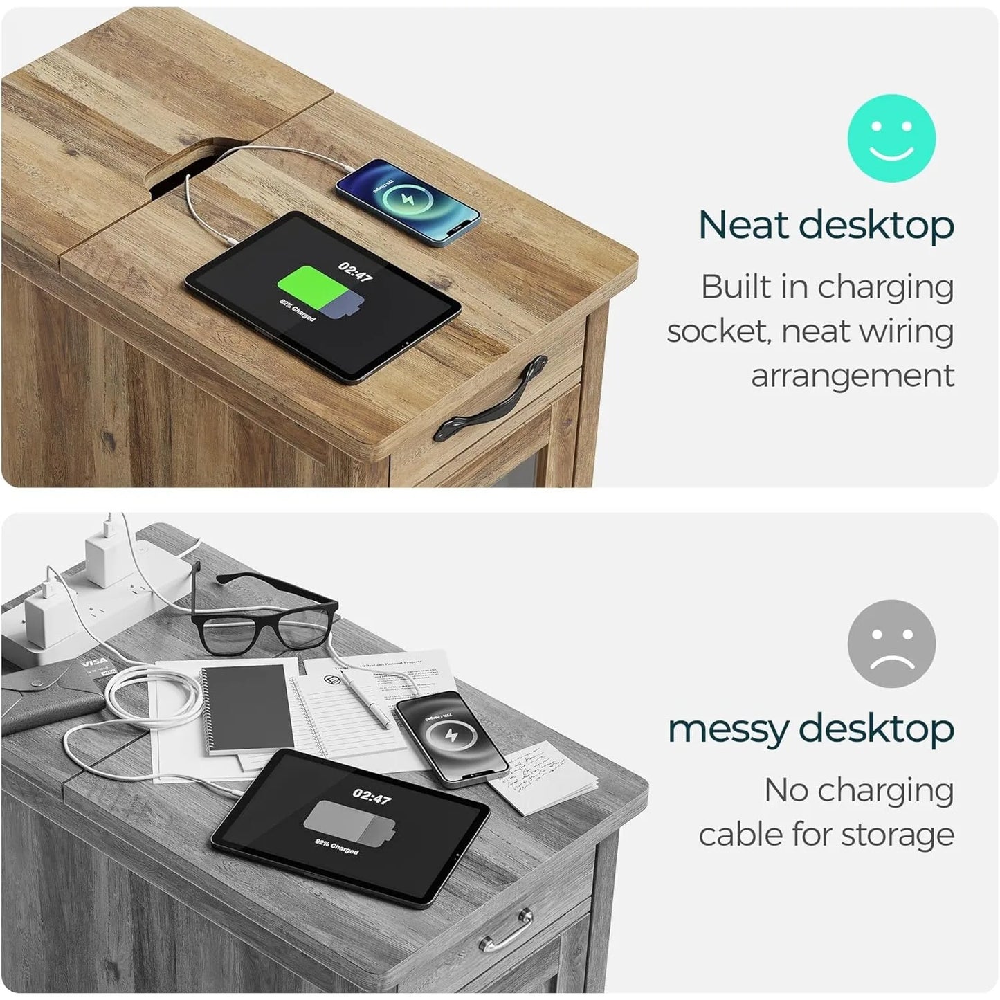 Farmhouse End Table With Charging Station Narrow Side Table For Living Room Sofa Side Table With Drawer And Storage Cabinet
