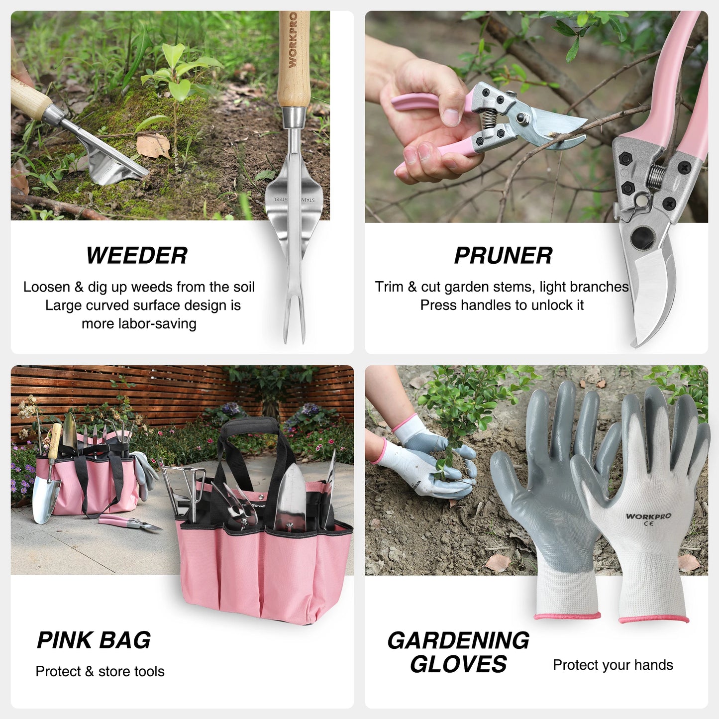 WORKPRO 8 Piece Garden Tool Set with Tote and Gloves