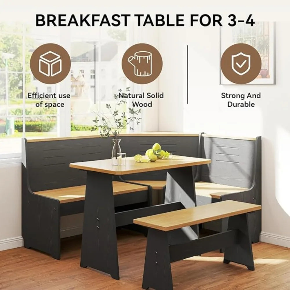 Breakfast Nook Corner Dining Table Kitchen Bench Chair Set Space Saving L Shape for 3 to 5 People in Black Oak