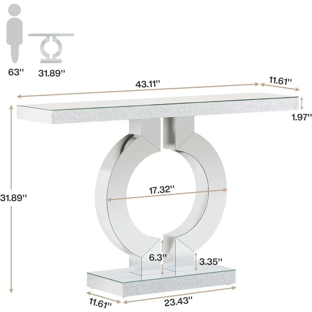 Modern Mirrored Console Table, Glass Sofa Table with Mirror Finish, 43-Inch Entryway Table with O-Shaped Base, Rectan
