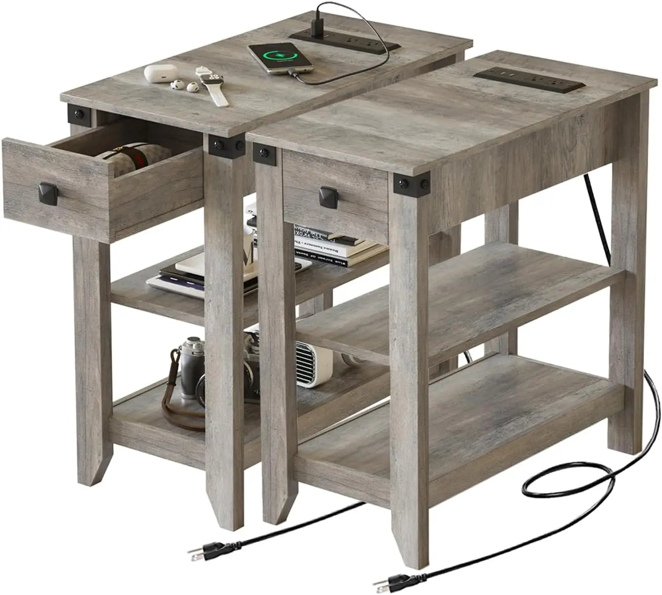 Set of 2 End Tables with Charging Station Narrow Side Table Small Bedside Table for Small Space Skinny Nightstand