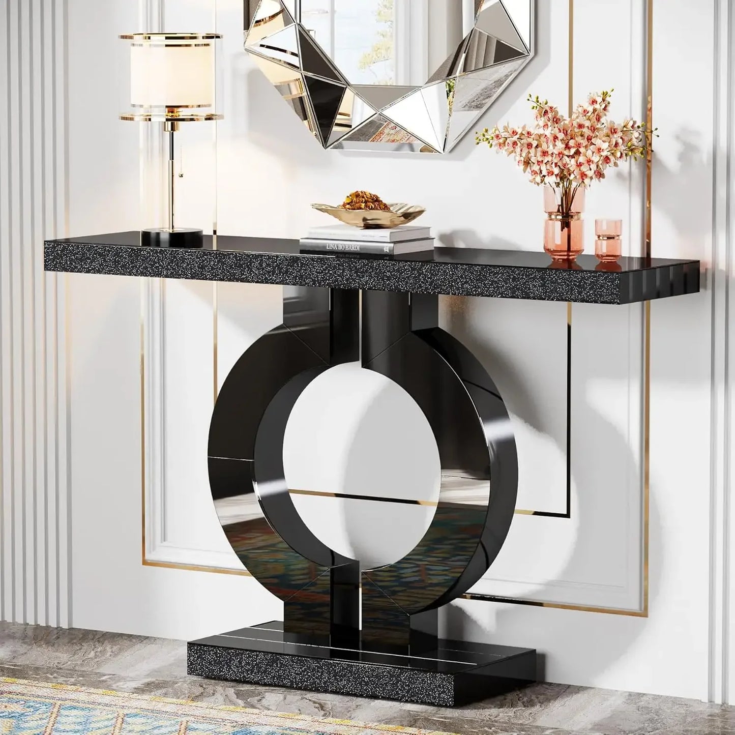 Modern Mirrored Console Table, Glass Sofa Table with Mirror Finish, 43-Inch Entryway Table with O-Shaped Base, Rectan