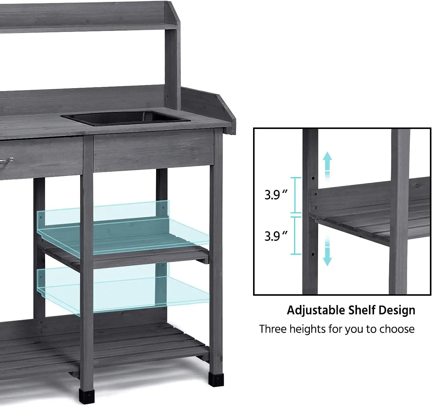 Outdoor Potting Bench Table Potters Benches Garden Workstation for Horticulture with Drawer/Adjustable Shelf Rack/Removable