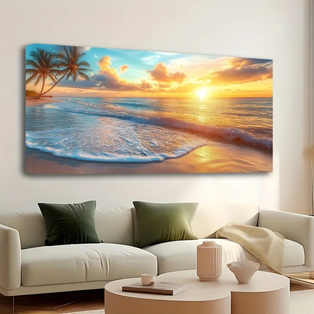 1.5 Inch Thick Pine Solid Wood Frame Natural Scenery Canvas Mural Ocean Sunset Coast Scenery Beach Picture Wall Decoration