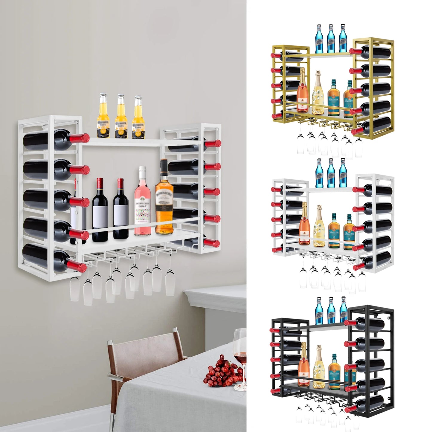 White/Black/Gold Wall Mounted Wine Rack Wine Storage Display Shelf Hanging Wall Bar Shelf