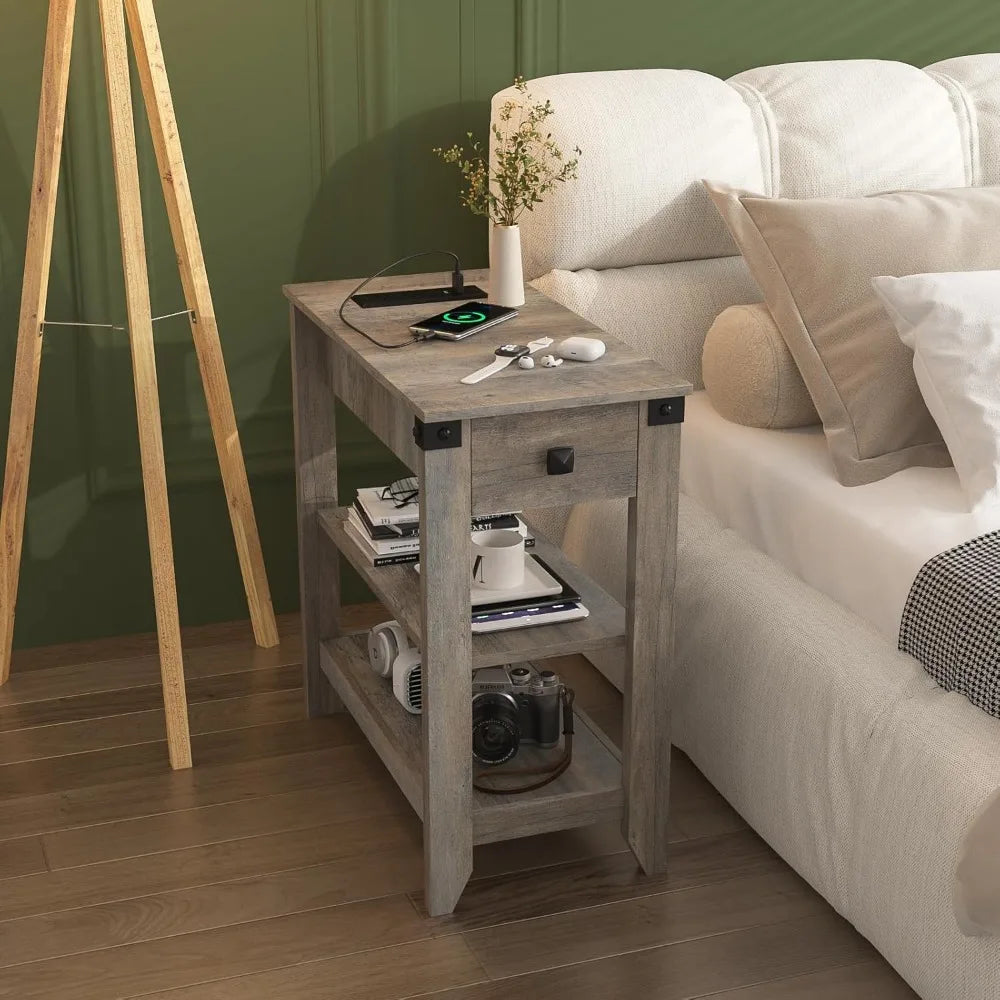 Set of 2 End Tables with Charging Station Narrow Side Table Small Bedside Table for Small Space Skinny Nightstand