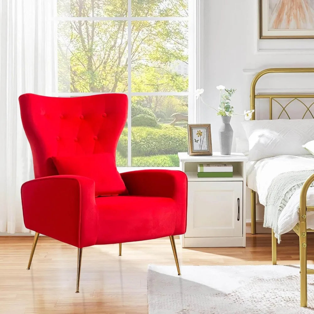 Velvet Accent Arm Chair Mid Century Modern Living Room Chair Wingback Bedroom Side Chair with Gold Legs and Pillow Button Tufted Design