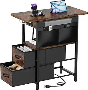 Small Side Table with Charging Station, Narrow Nightstand Bedside Tables with Storage Pocket for Living Room Bedroom, Sofa End T