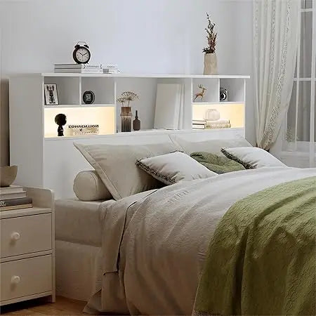 King Size Headboard for Bedroom, Stylish Bookcase Headboard with Built-in Charging Station & 2 LED Lights, Engineered Wood Headb