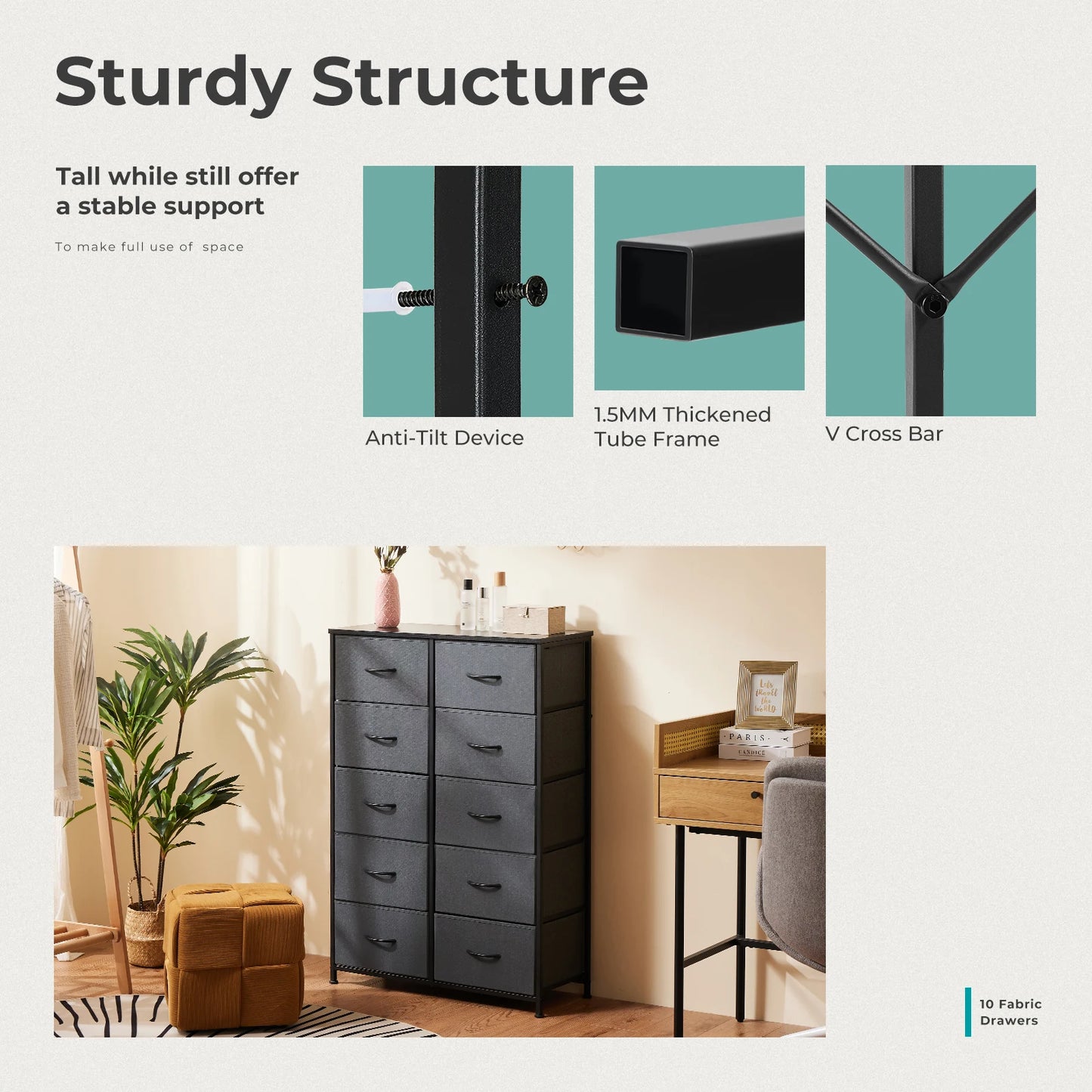 JHK Modern Bedside Table With Ten Fabric Drawers Nightstand