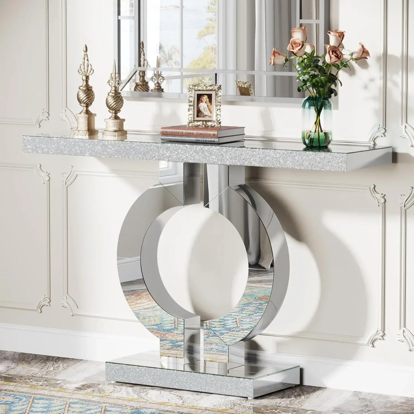 Modern Mirrored Console Table, Glass Sofa Table with Mirror Finish, 43-Inch Entryway Table with O-Shaped Base, Rectan