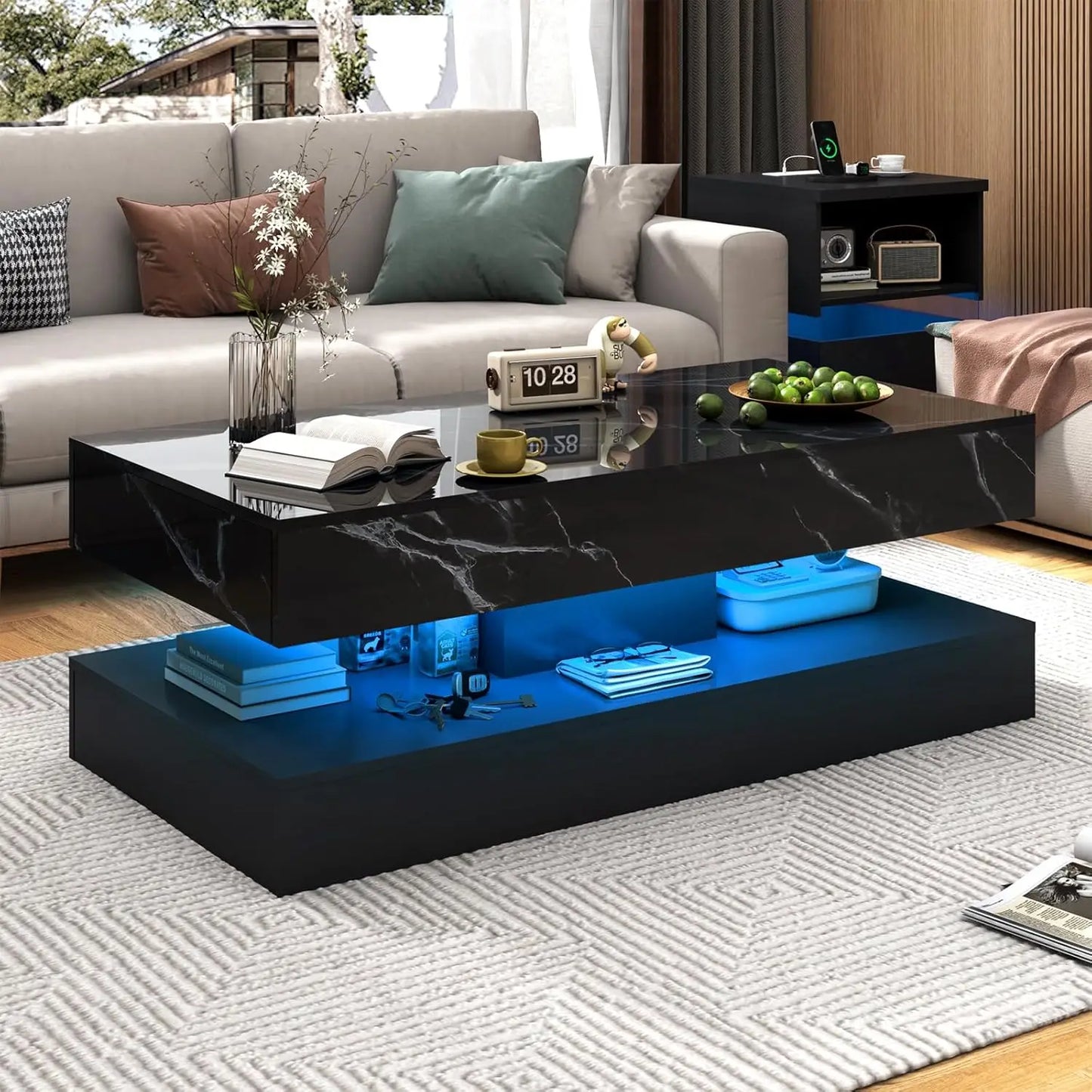 LED Coffee Table with 2 Storage Drawers Modern High Gloss Design Marbling Print 2 Tier Rectangle Center Table