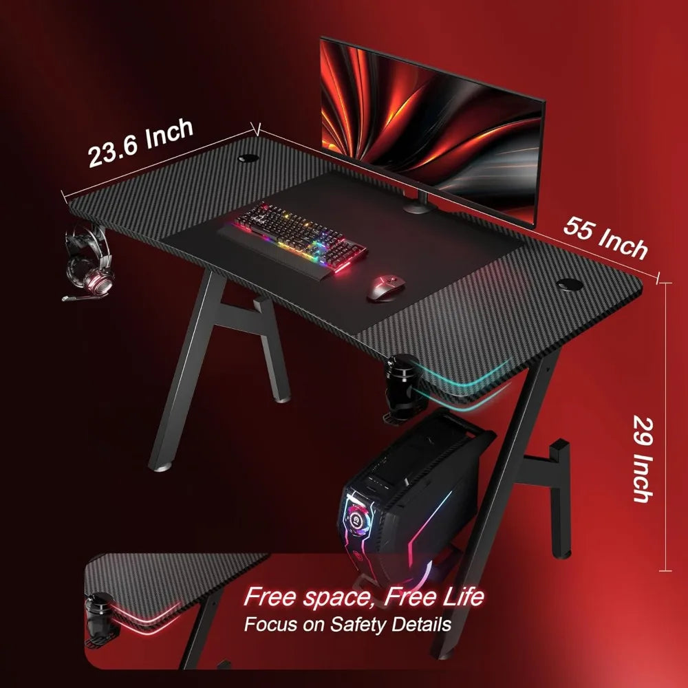 Gaming Desk with Carbon Fibre Surface Large Computer Desk Gaming Table Ergonomic PcWorkstation Home Office Desks with CupHolder
