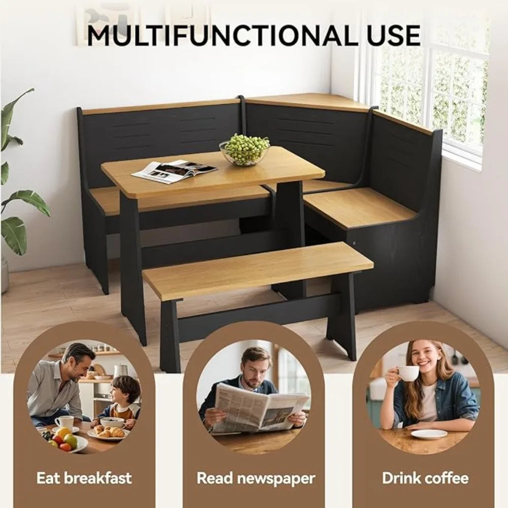 Breakfast Nook Corner Dining Table Kitchen Bench Chair Set Space Saving L Shape for 3 to 5 People in Black Oak