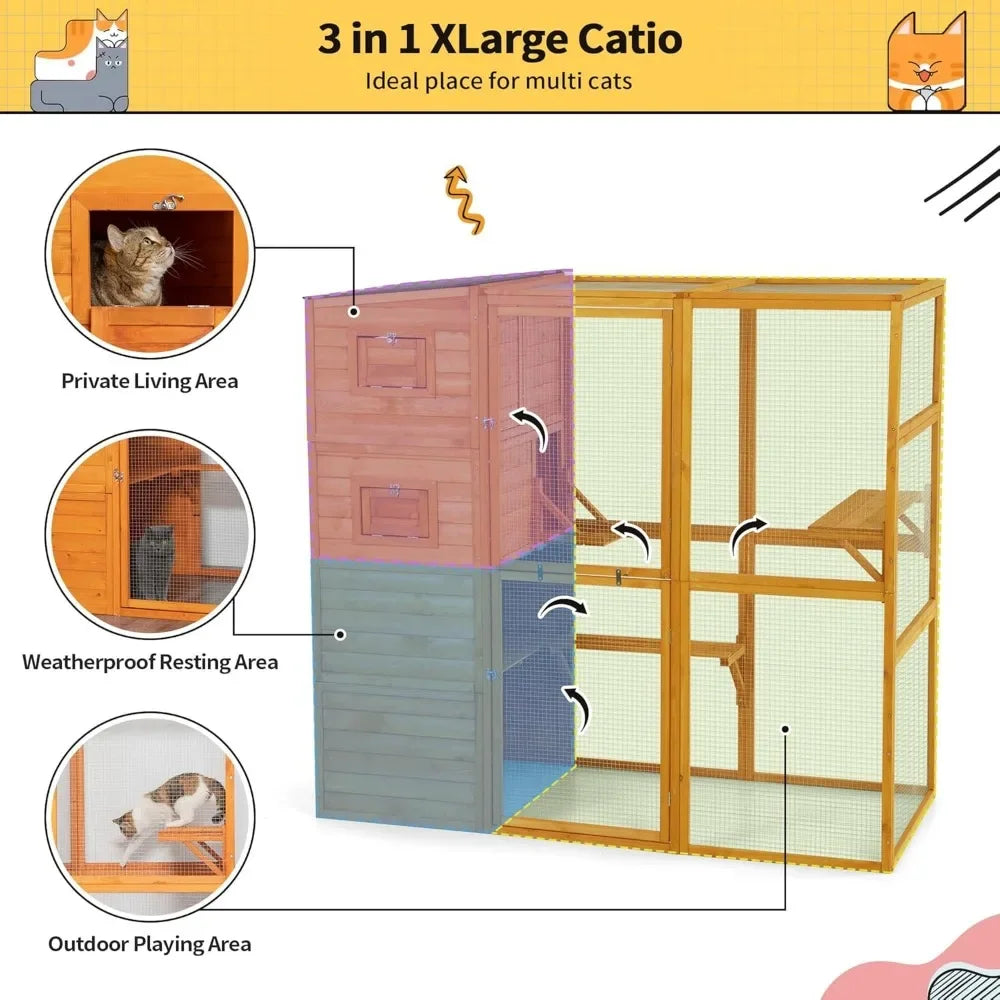 Large Wood Cat Catio, Outdoor Enclosure with Weatherproof Roof, 2 Resting Rooms, 2 Platforms, 4-Tier Cat Playpen,