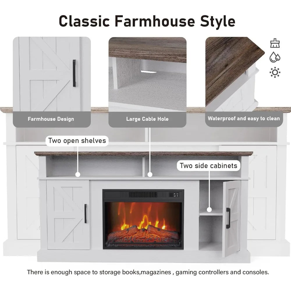 Fireplace TV Stand for TVs Up to 65" with 23" Electric Fireplace, Entertainment Center with Storage Cabinet and Open Shelves, Me