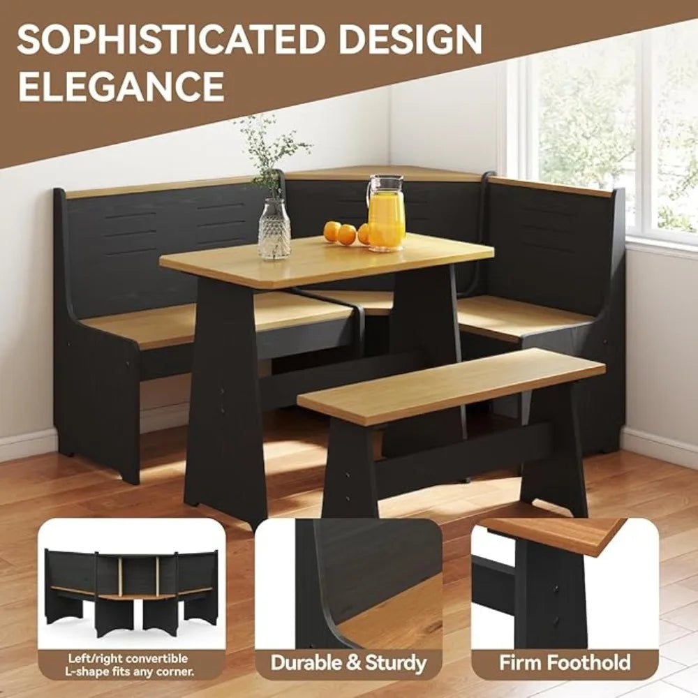 Breakfast Nook Corner Dining Table Kitchen Bench Chair Set Space Saving L Shape for 3 to 5 People in Black Oak