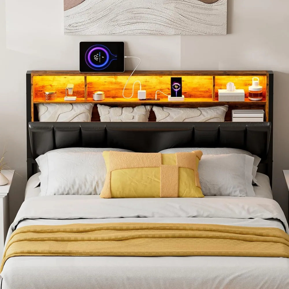 Hidden Storage Headboard Queen Size with Charging Station, Ergonomic Upholstered Queen Headboard Only with LED Lights, 2 Outlet