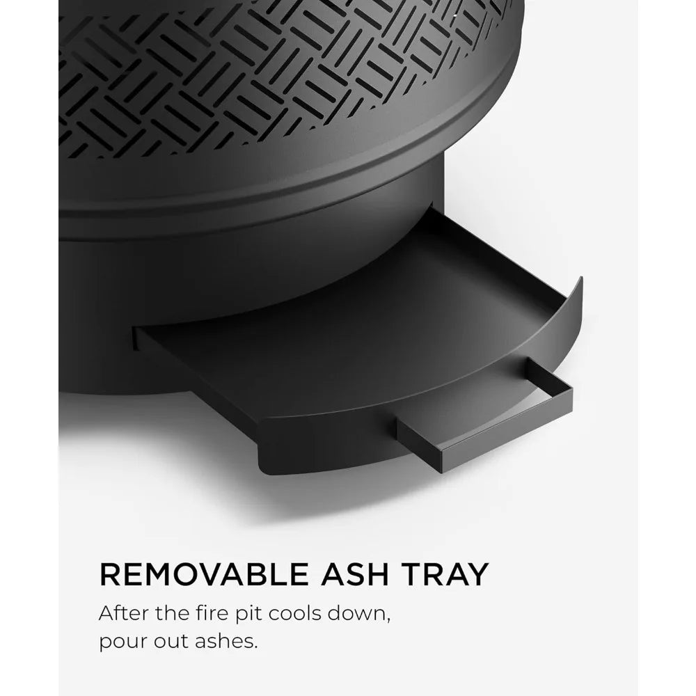 26 inch Fire Pit with Grill & Lid, Firepits for Outside Wood Burning Fire Pit Table with Fire Poker, Multifunctional Outdoor Fir