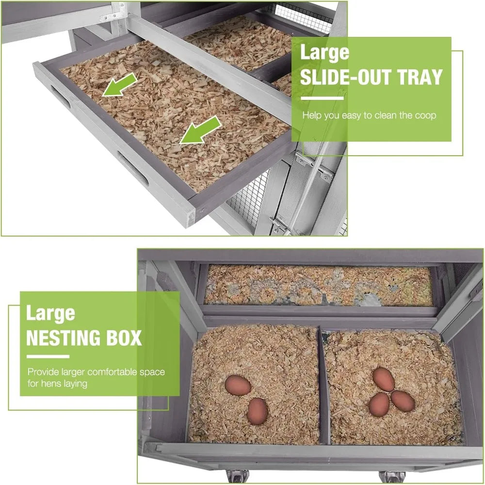 Chicken Coop with Wheels Portable Hen House for 4-6 Chickens with Large Run, Nesting Box, Metal Tray 74.9"