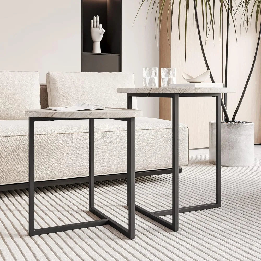 Round Coffee Table Set of 2 End Tables for Living Room Black Small Coffee Table Metal Frame and Wood Look Sturdy