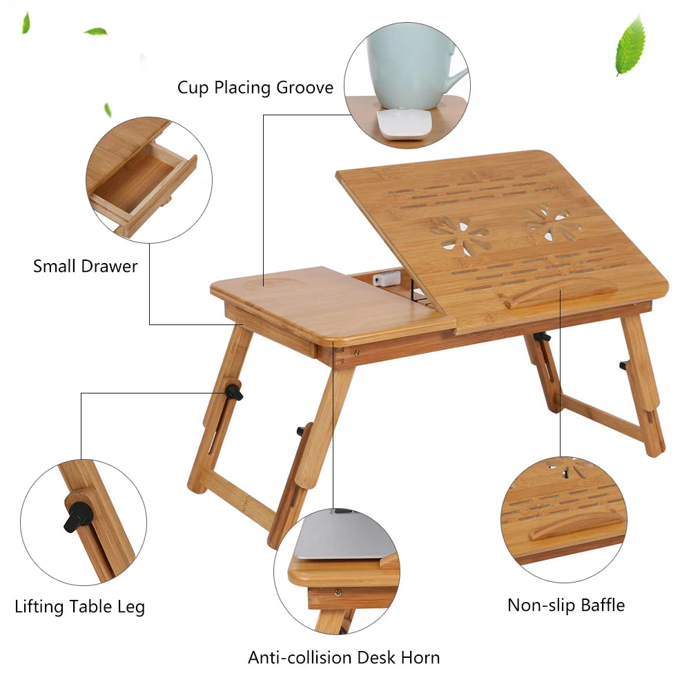 Adjustable Bamboo Laptop Bed Desk Portable Book Reading Tray Stand Dormitory Shelf