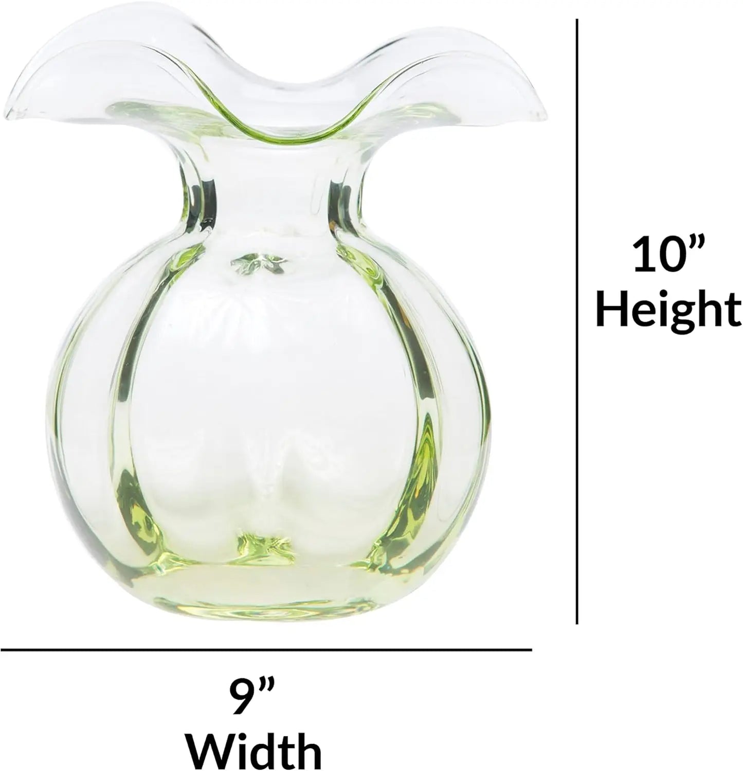 Hibiscus Glass Green Medium Fluted Vase 9" D, 10" H, 96 oz Glass Flower Vase, Living RoomDecor