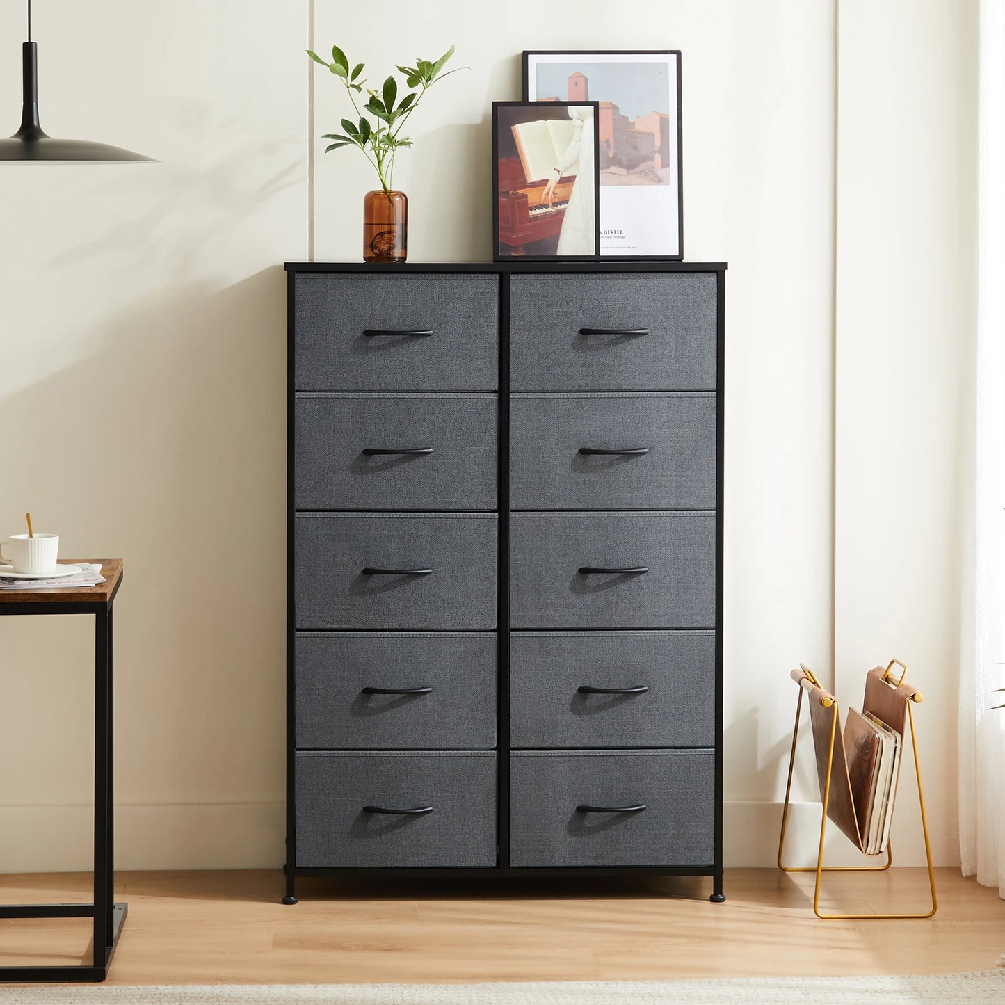 JHK Modern Bedside Table With Ten Fabric Drawers Nightstand