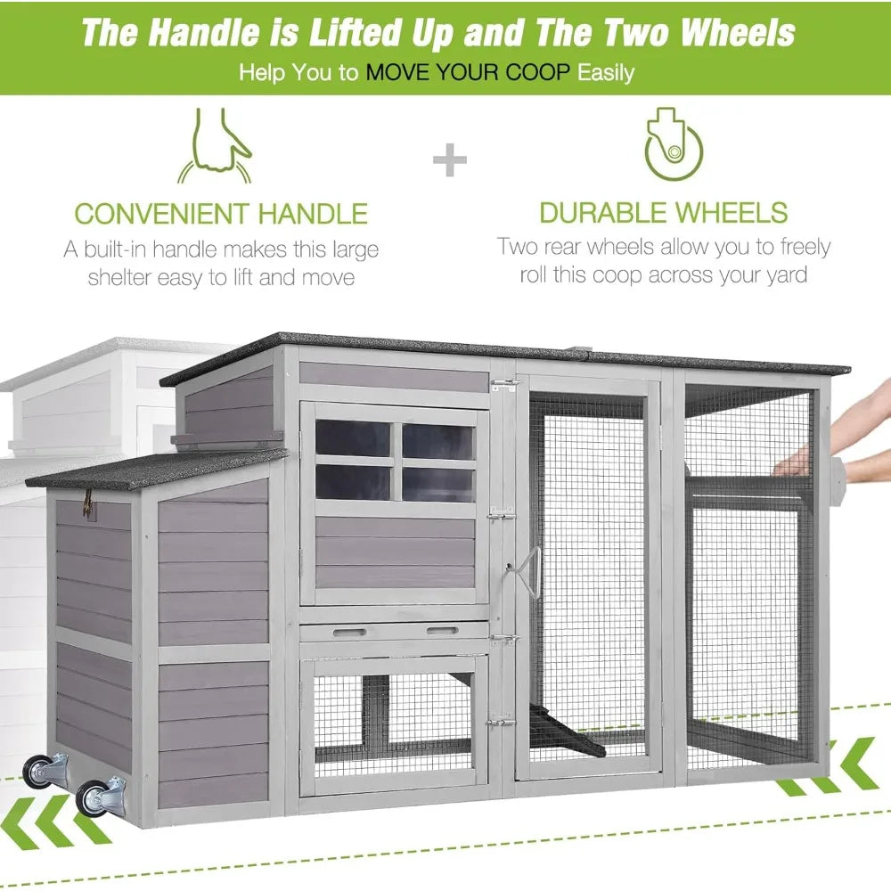 Chicken Coop with Wheels Portable Hen House for 4-6 Chickens with Large Run, Nesting Box, Metal Tray 74.9"