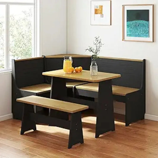 Breakfast Nook Corner Dining Table Kitchen Bench Chair Set Space Saving L Shape for 3 to 5 People in Black Oak