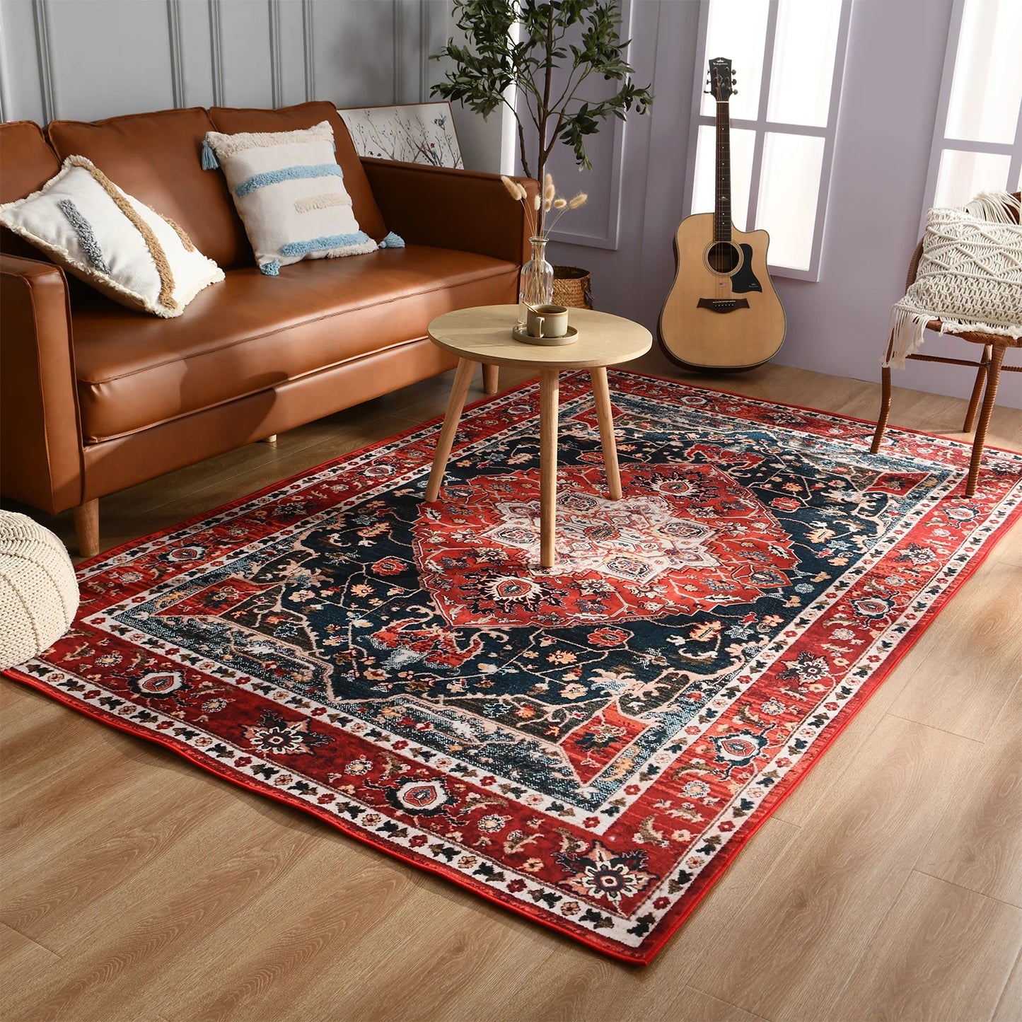 Boho Vintage Washable Bedroom Rug, Soft Accent Rugs for Living Room Dining Room, Non-Slip Non-Shedding Low-Pile Entryway Rug